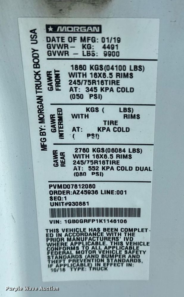 image for item EG8075 2019 Chevrolet Express 3500 box truck