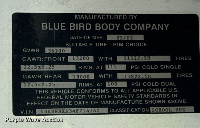 image for item EG8089 2004 Blue Bird A3 school bus