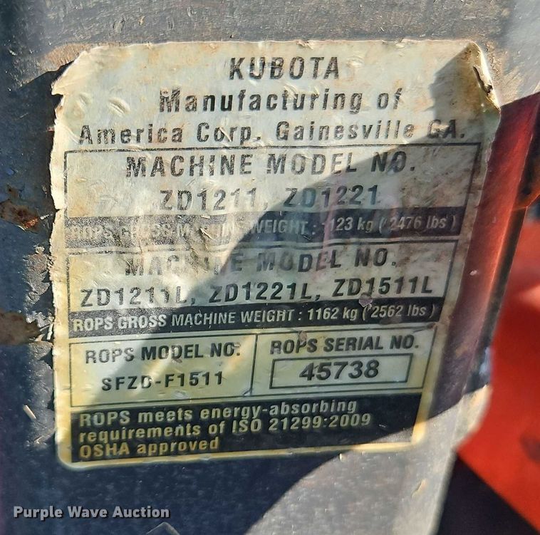 image for item EJ0073 Kubota ZD1211 ZTR lawn mower