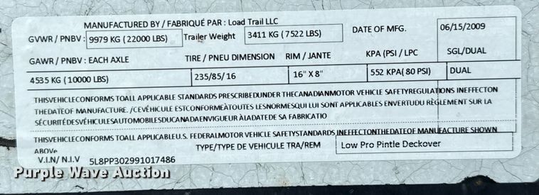 image for item EJ3834 2009 Load Max Trailers equipment trailer