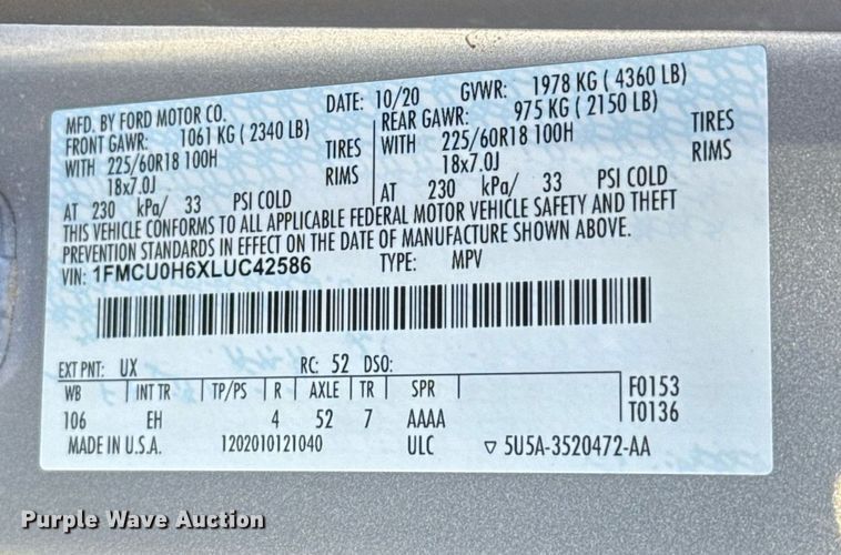 image for item EJ4644 2020 Ford Escape SUV