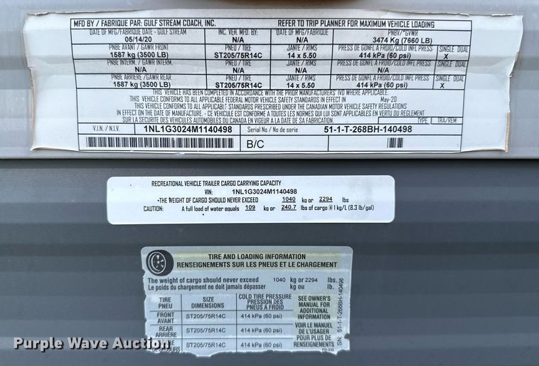 image for item EJ4650 2021 Gulf Stream Coach King Sport camper