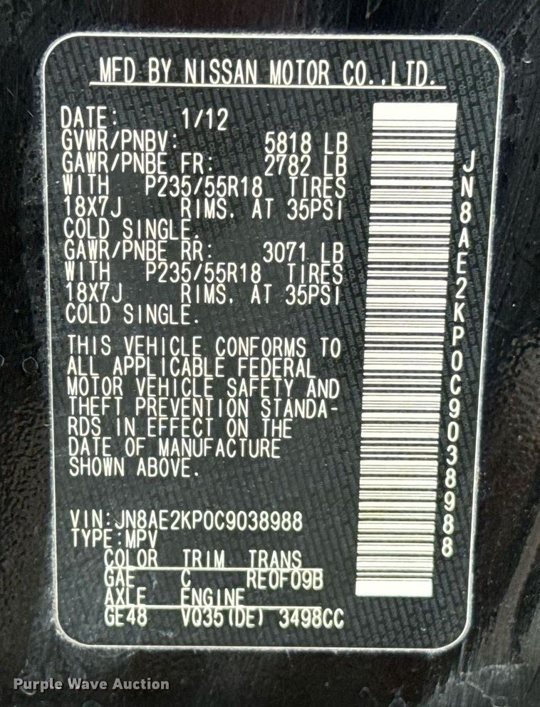 image for item EJ4655 2012 Nissan Quest van