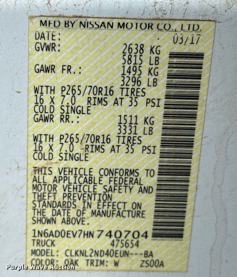 image for item EJ4675 2017 Nissan Frontier Crew Cab pickup truck