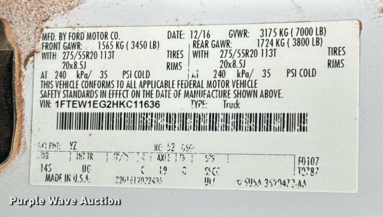 image for item EJ4678 2017 Ford F150 SuperCrew pickup truck