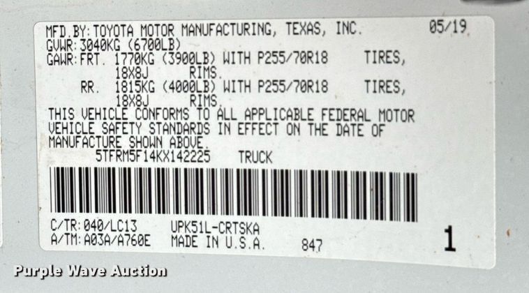 image for item EJ4679 2019 Toyota Tundra Double Cab pickup truck