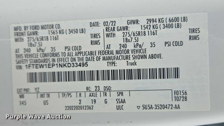 image for item EJ7568 2022 Ford F150 XLT SuperCrew pickup truck