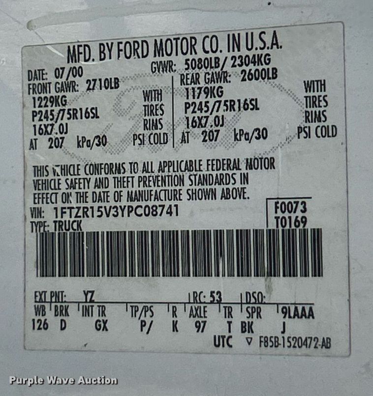 image for item EK8173 2000 Ford Ranger XLT SuperCab pickup truck