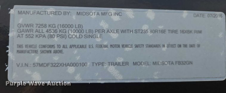 image for item EN8037 2017 Midsota FB32GN tilt deck equipment trailer