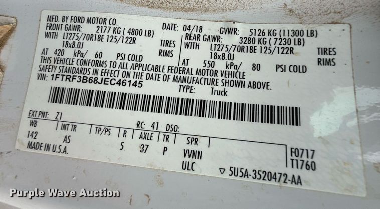 image for item EQ4930 2018 Ford F350 Super Duty XL bale bed pickup truck