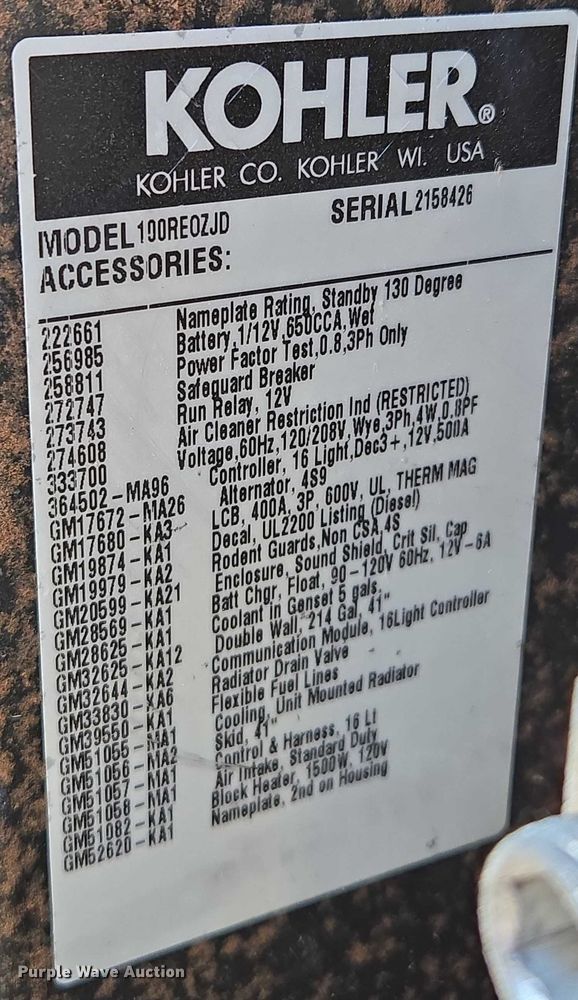 image for item EQ6554 Kohler 100 generator