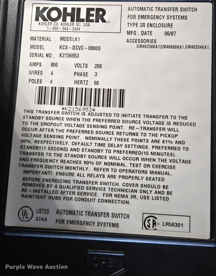 image for item EQ6554 Kohler 100 generator