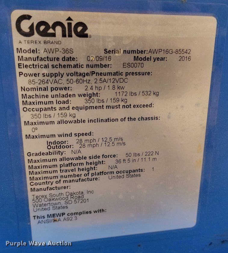 image for item DP4992 2016 Genie AWP-36S vertical lift