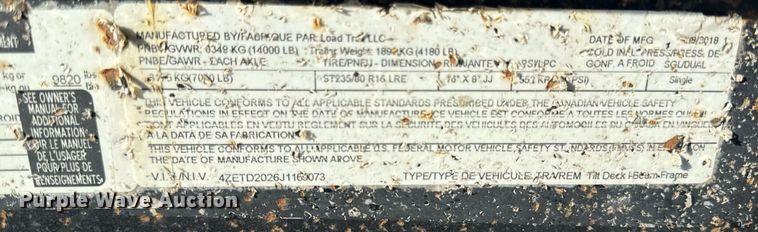 image for item DR2820 2018 Load Trail tilt deck equipment trailer