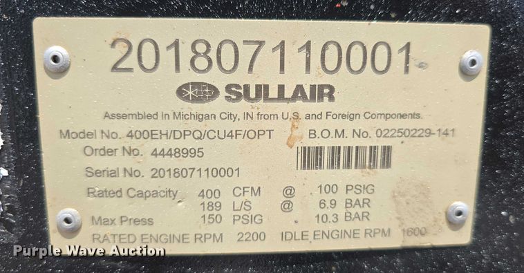 image for item DT6923 2018 Sullair 400EH/DPQ/CU4F/OPT air compressor