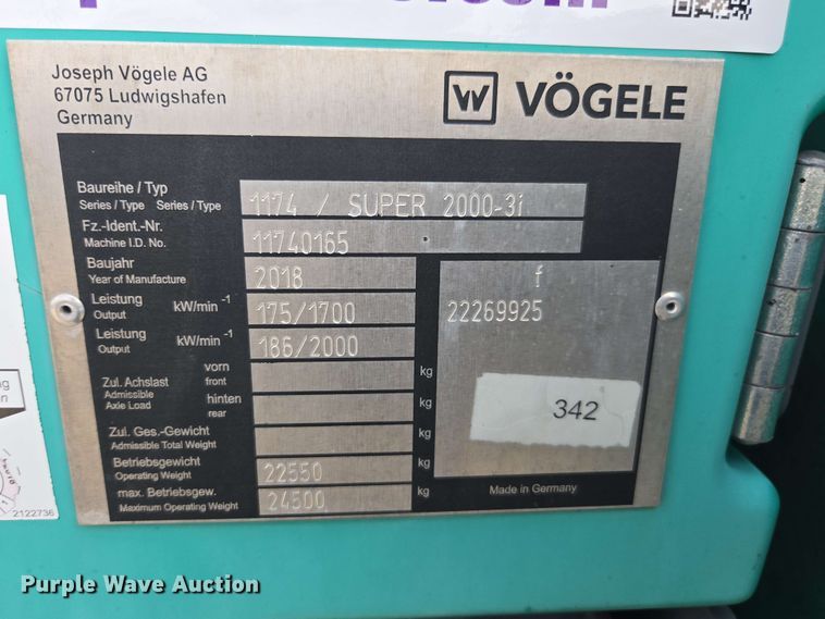 image for item DU7767 2018 Vogele Super 2000-3i paver