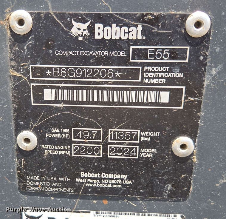 image for item DU7783 2024 Bobcat E55 mini excavator