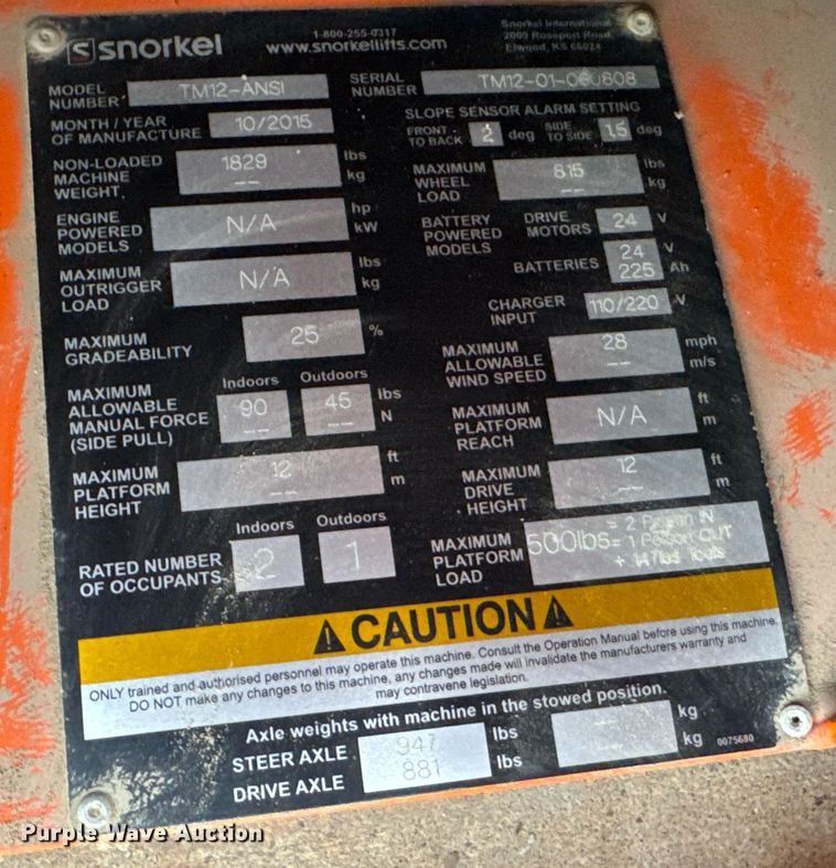 image for item DU9810 2015 Snorkel TM12 vertical lift