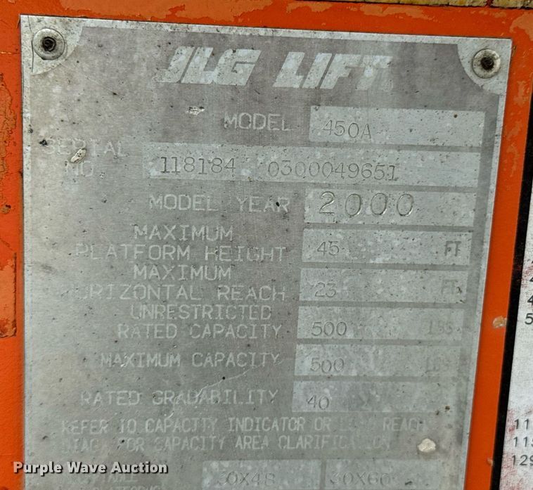 image for item DU9818 2000 JLG 450A boom lift