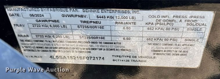 image for item DV2616 2025 Behnke  BCT1412E utility trailer