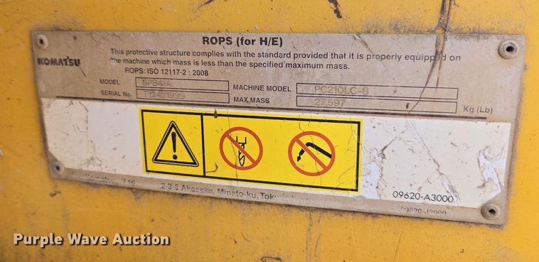 image for item DW1990 2012 Komatsu PC210LC-8 excavator