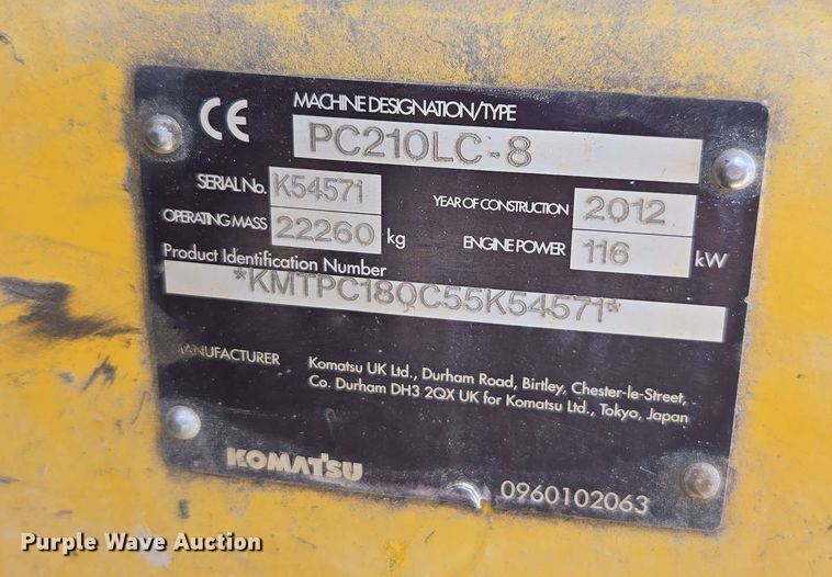 image for item DW1990 2012 Komatsu PC210LC-8 excavator