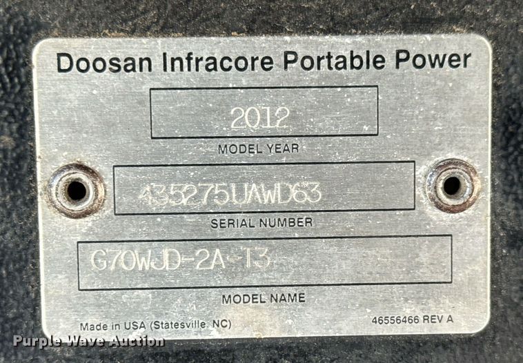 image for item DX8992 2012 Doosan G70WJD-2A-T3 generator