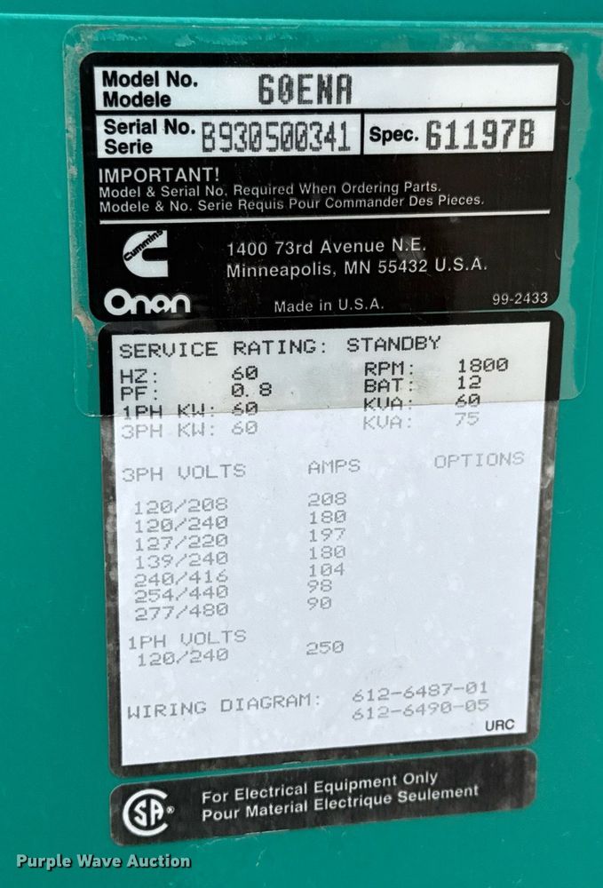 image for item DY0055 1993 Onan 60ENA generator