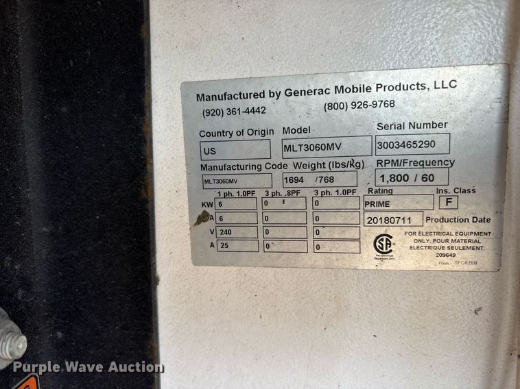 image for item DY0580 2018 Generac MLT3060MV light plant