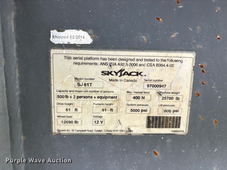 image for item DY0582 2014 Skyjack SJ61T boom lift