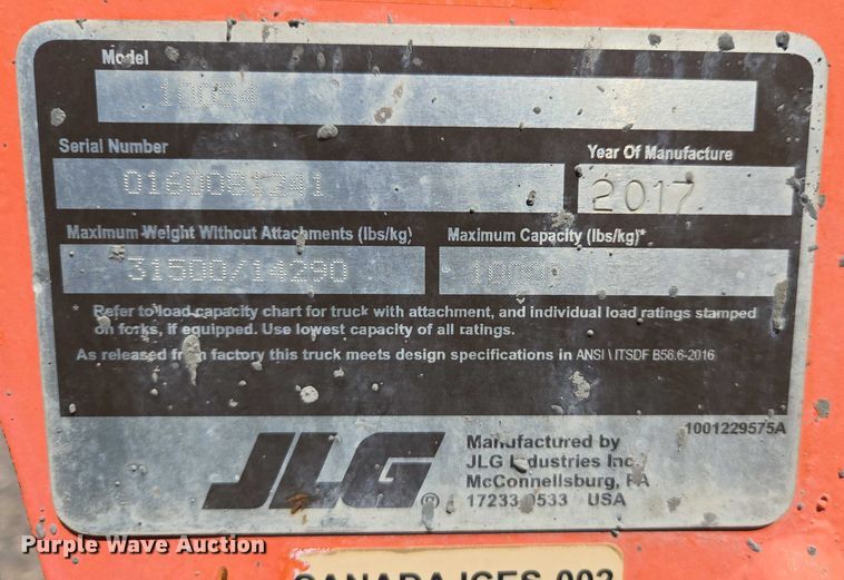 image for item EC1043 2017 JLG 10054 telehandler