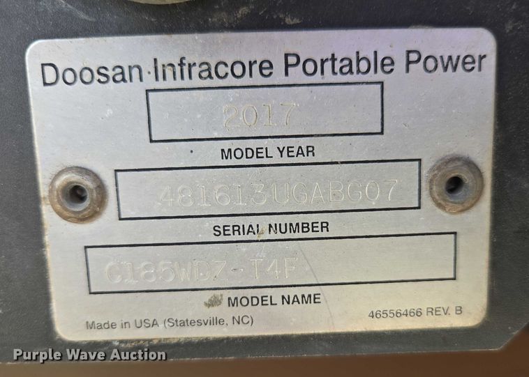 image for item EC1045 2017 Doosan C185 air compressor