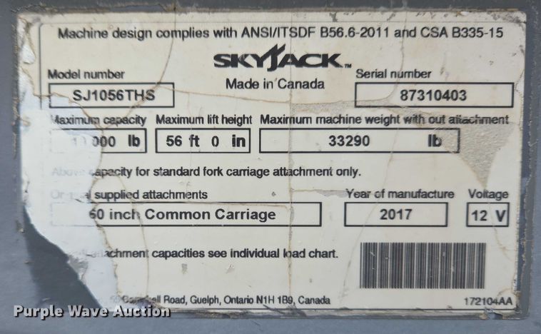 image for item EC4269 2017 Skyjack SJ1056THS telehandler