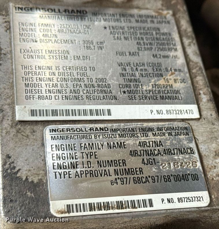 image for item ED5687 2002 Ingersoll-Rand P185 air compressor