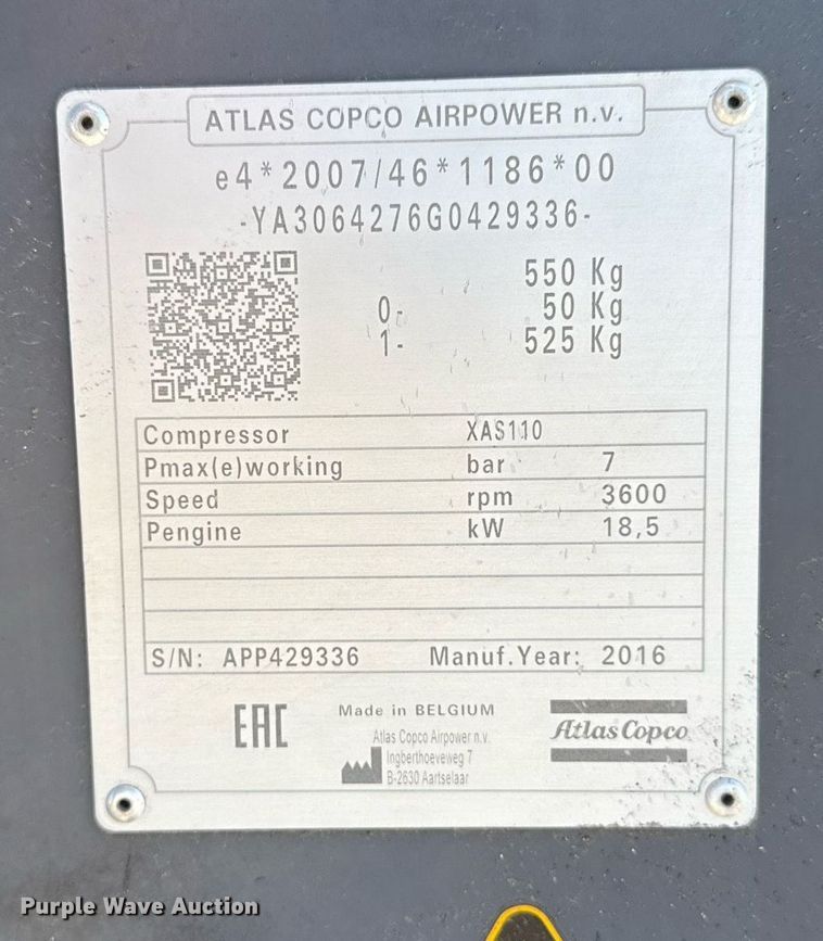 image for item EG5881 2016 Atlas Copco XAS110 air compressor