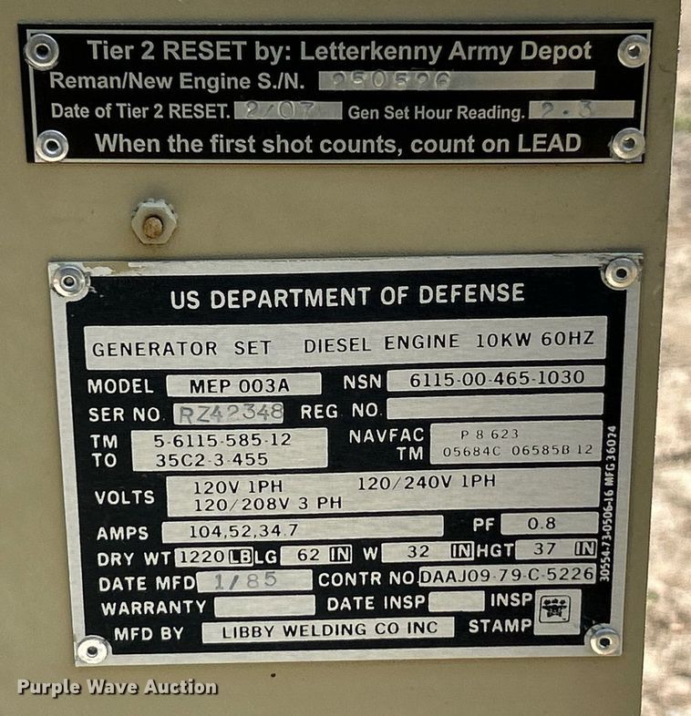 image for item EK8179 Libby Welding Co MEP003A generator