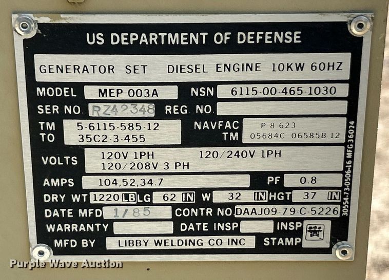 image for item EK8179 Libby Welding Co MEP003A generator