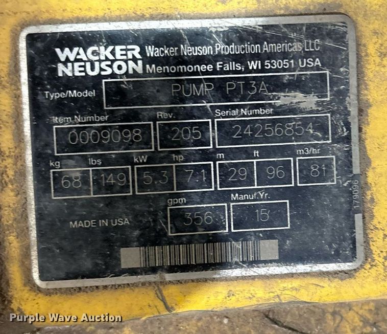 image for item EM2616 2015 Wacker Neuson PT3A pump