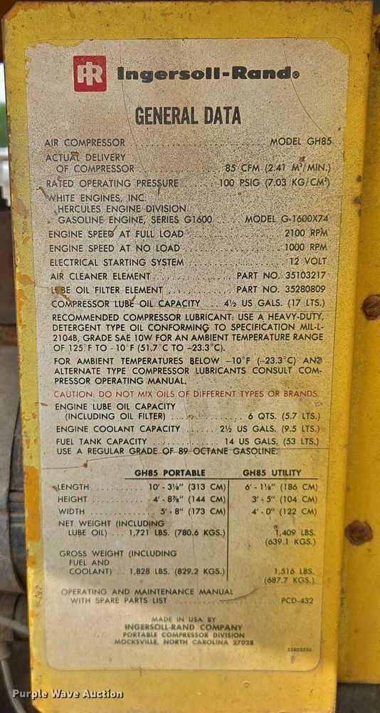 image for item EM7440 Ingersoll-Rand GH85 air compressor