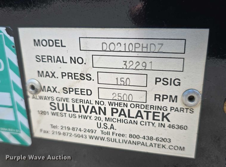 image for item EO1033 2014 Sullivan Palatek DO210PHDZ air compressor
