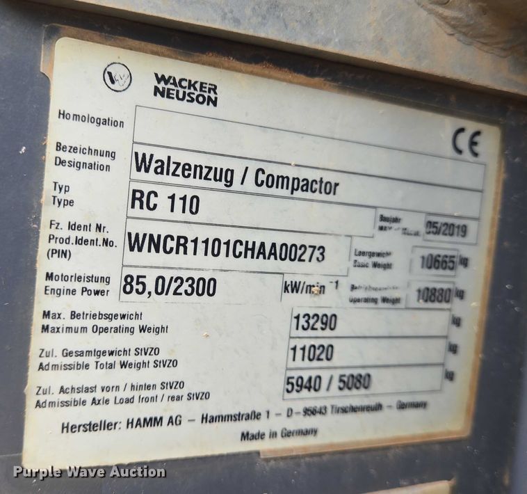 image for item EQ4030 2019 Wacker Neuson RC110 single drum vibratory roller
