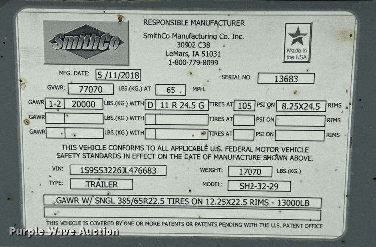 image for item EQ4938 2018 SmithCo SH2-32-29 side dump trailer