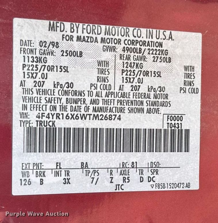 image for item DU7829 1998 Mazda B-series B4000 Ext. Cab pickup truck