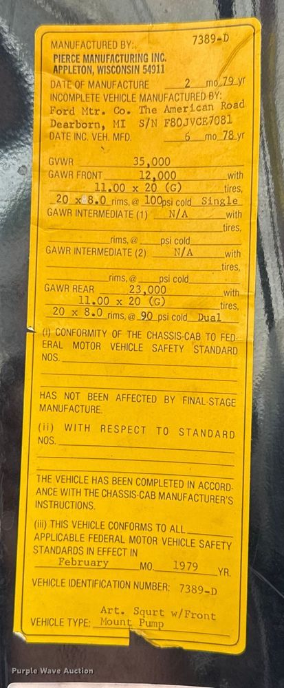 image for item DY0214 1978 Ford F800 fire truck