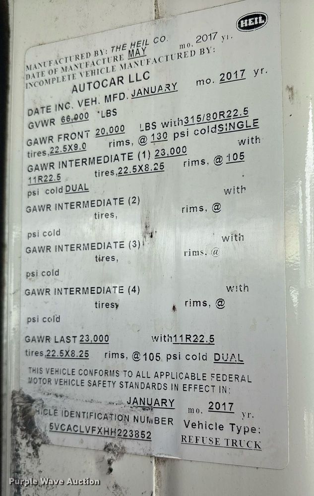 image for item DY0541 2017 Autocar ACX Xpeditor refuse truck