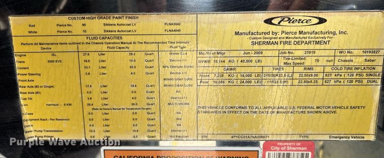 image for item DY0560 2009 Pierce Manufacturing Custom Contender pumper fire truck