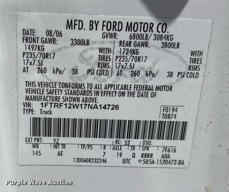 image for item DY0595 2007 Ford F150 pickup truck