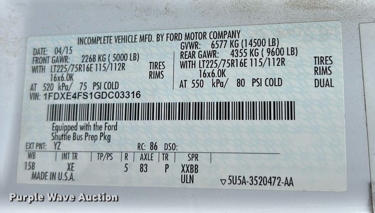 image for item DY0617 2016 Ford E450 shuttle bus