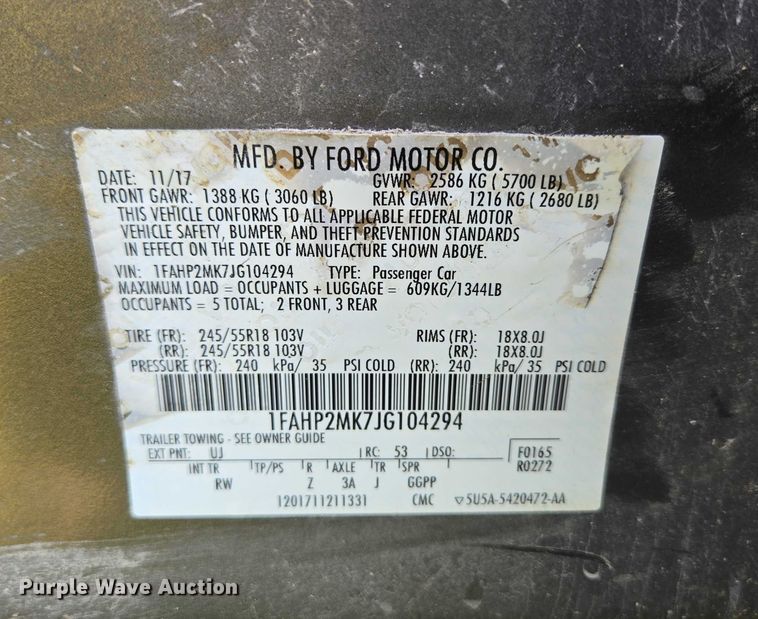 image for item ED2029 2018 Ford Taurus Police Interceptor 