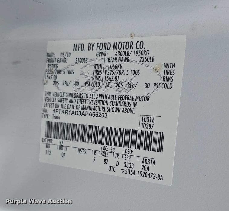 image for item EF3554 2010 Ford Ranger XL pickup truck